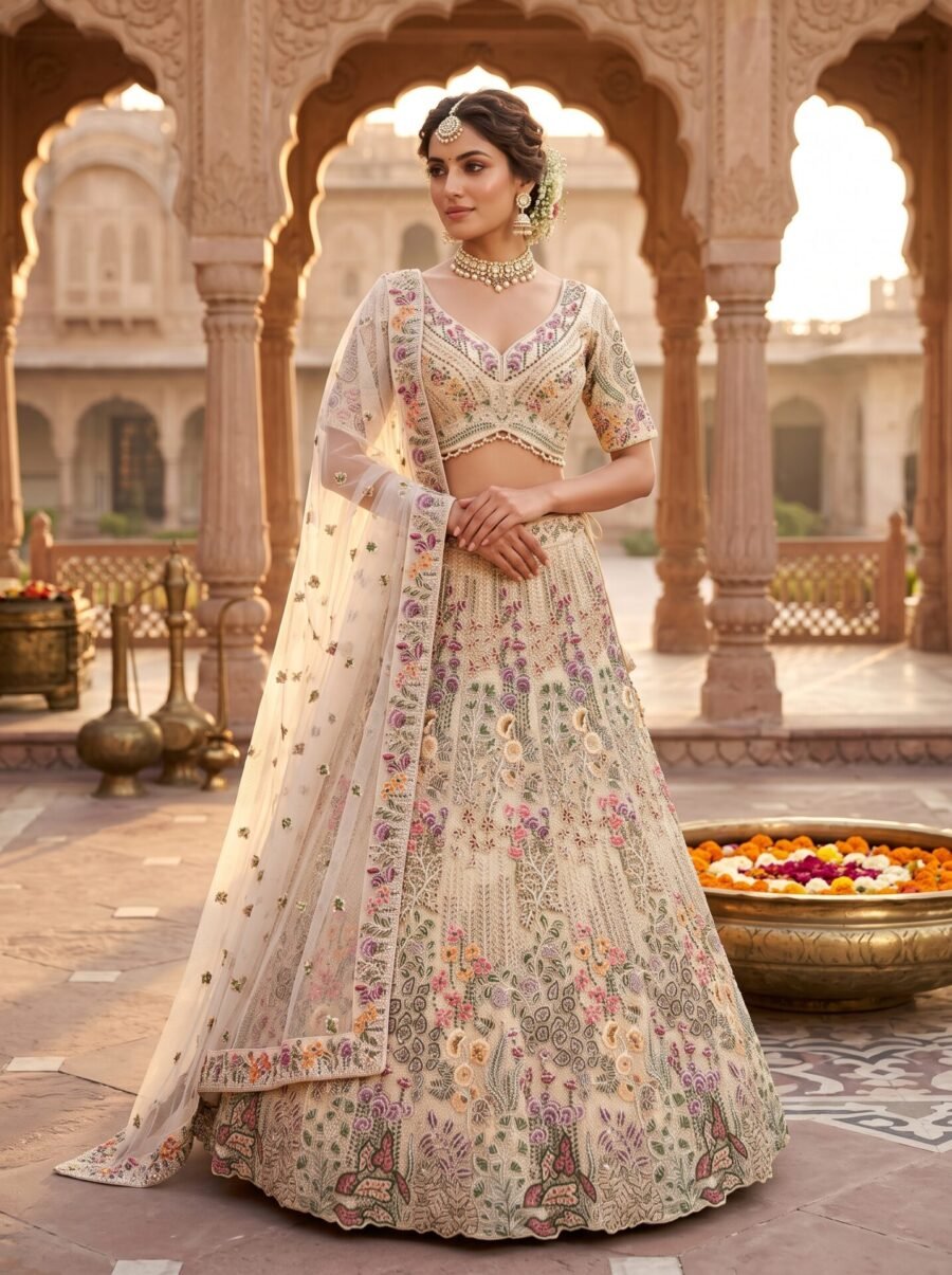 Beige Sand Multi-Hue Floral Embroidered Lehenga with Pearl-Trim Choli