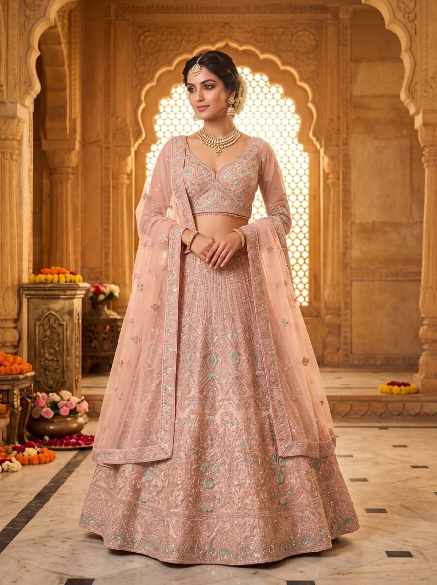 Blush Pink Zari and Sequin Embroidered Designer Lehenga Choli