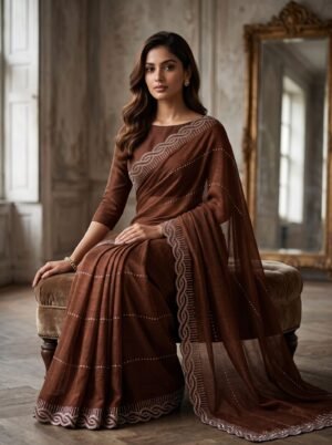 Chocolate Brown Braided Border Embellished Saree