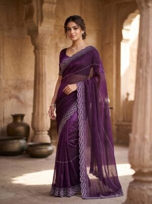 Deep Violet Braided Border Embellished Saree