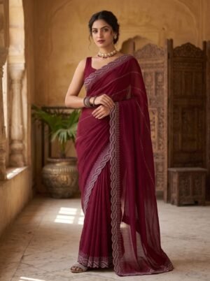 Ruby Maroon Braided Border Embellished Saree