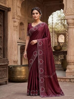 Burgundy Wine Classic Stone Border Satin Saree