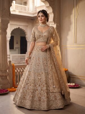 Champagne Gold Heavily Embroidered Zardozi Bridal Lehenga Choli