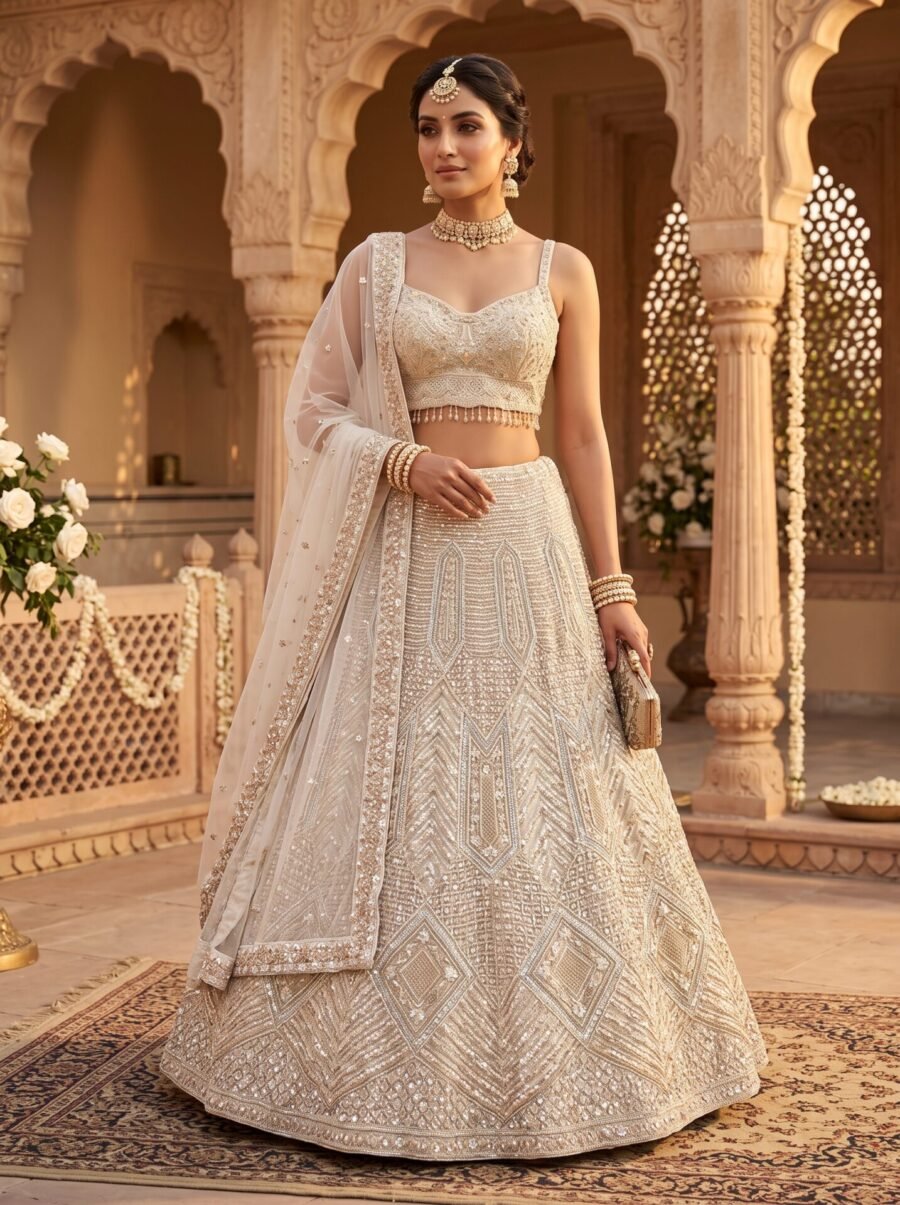 Champagne Ivory Geometric Chevron Sequined Bridal Lehenga Choli