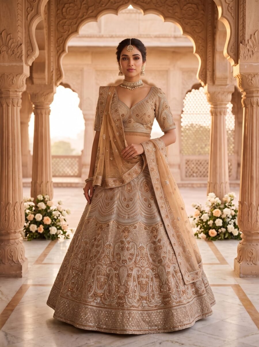 Classic Bronze Gold Zardozi and Paisley Embroidered Bridal Lehenga Choli
