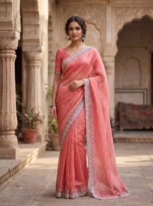 Coral Peach Shimmering Organza Silk Saree