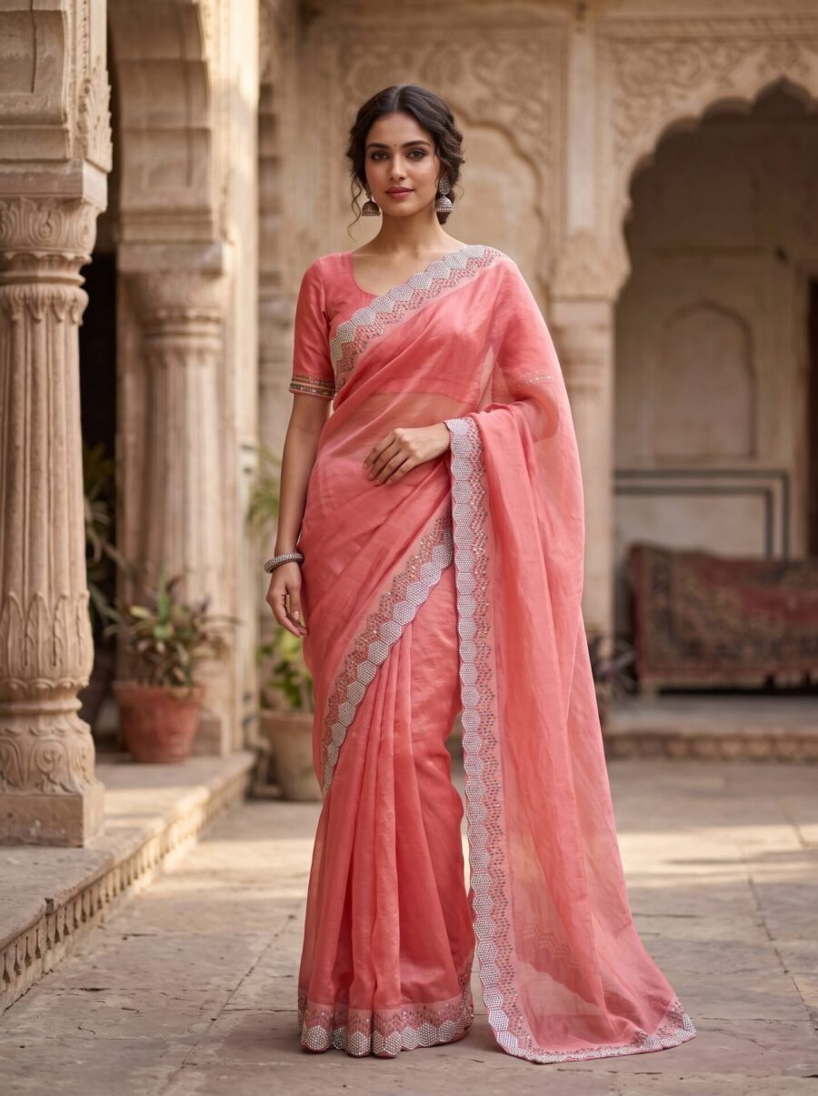Coral Peach Shimmering Organza Silk Saree