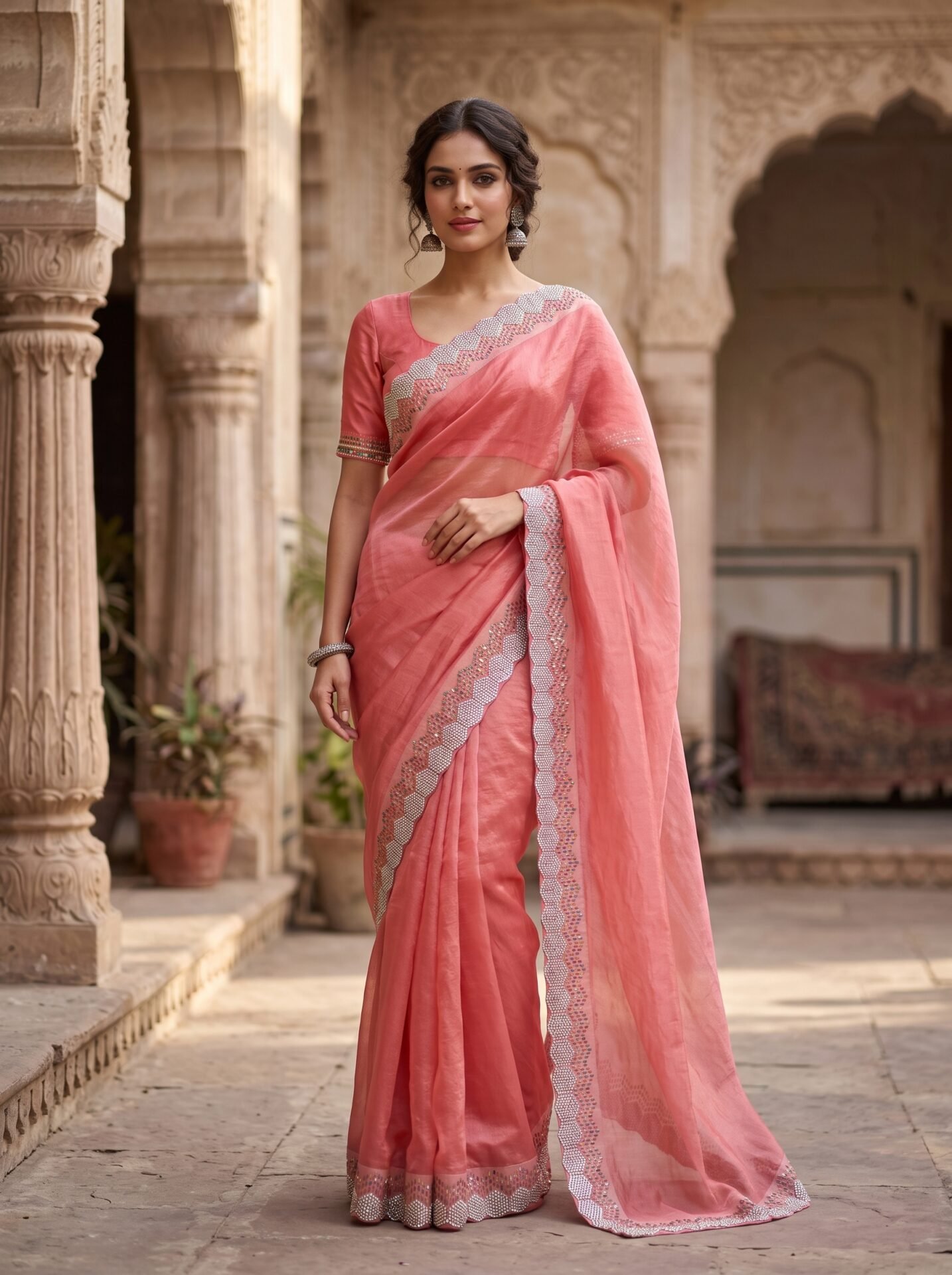 Coral Peach Shimmering Organza Silk Saree