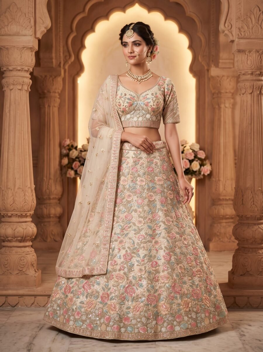 Cream Beige Multi-Color Floral Embroidered Silk Lehenga Choli