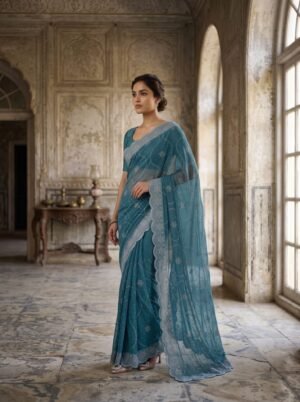 Deep Teal Blue Star Dust Crystal Georgette Saree