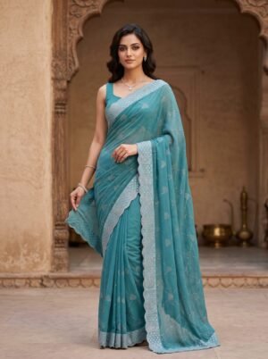 Aqua Blue Diamond Grid Embellished Saree