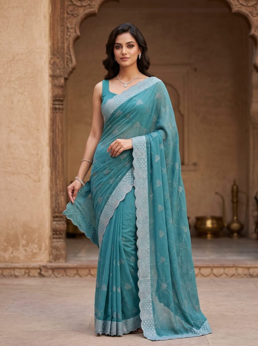 Aqua Blue Diamond Grid Embellished Saree