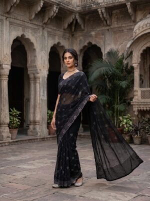 Classic Black Diamond Grid Embellished Saree