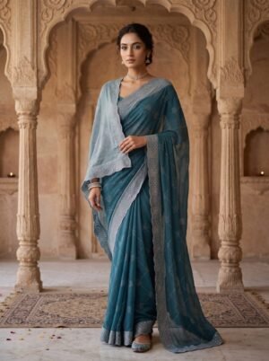 Deep Teal Diamond Grid Embellished Saree
