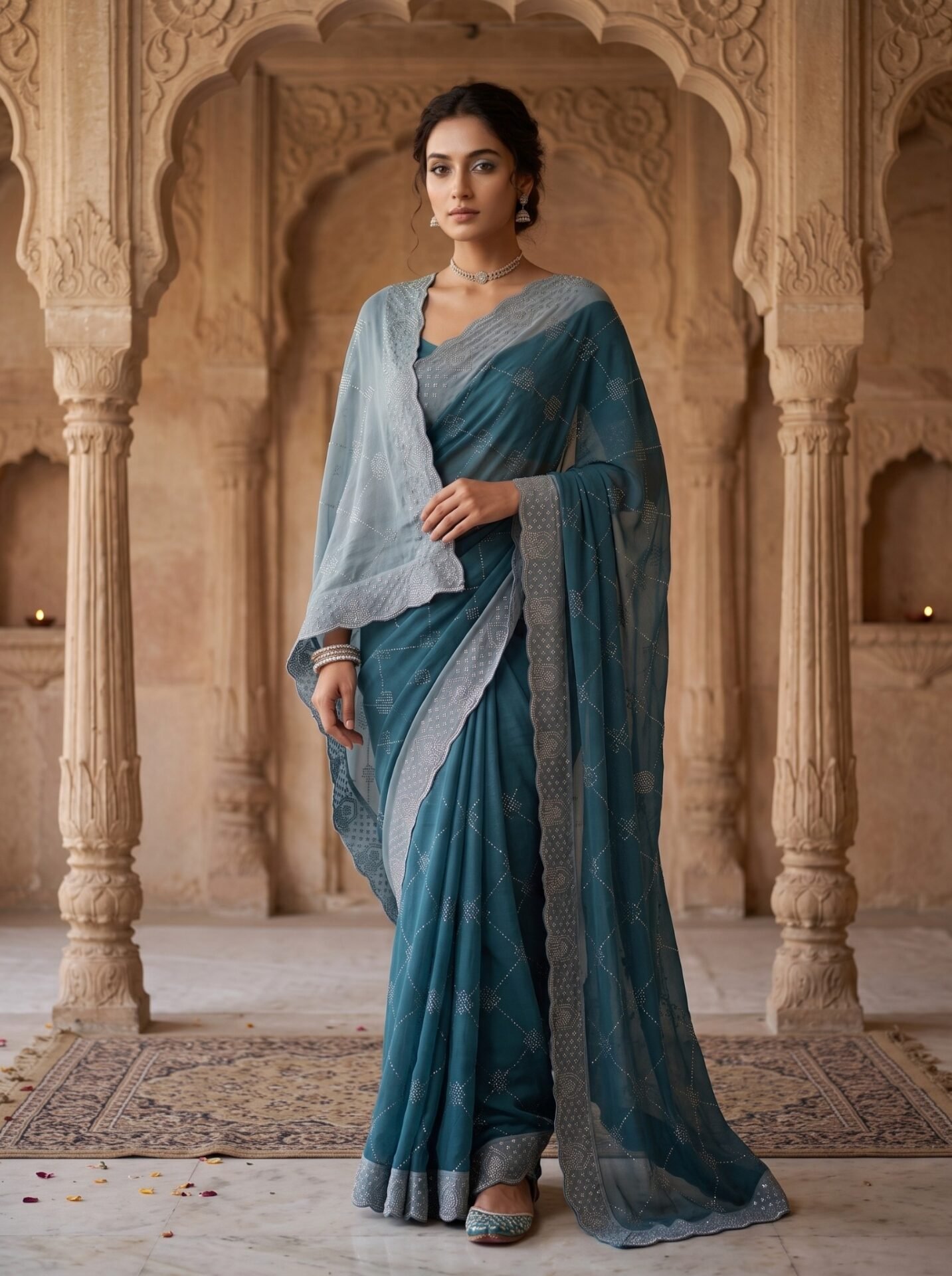 Deep Teal Diamond Grid Embellished Saree