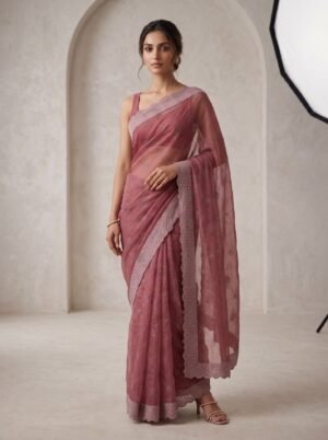 Dusty Rose Diamond Grid Embellished Saree