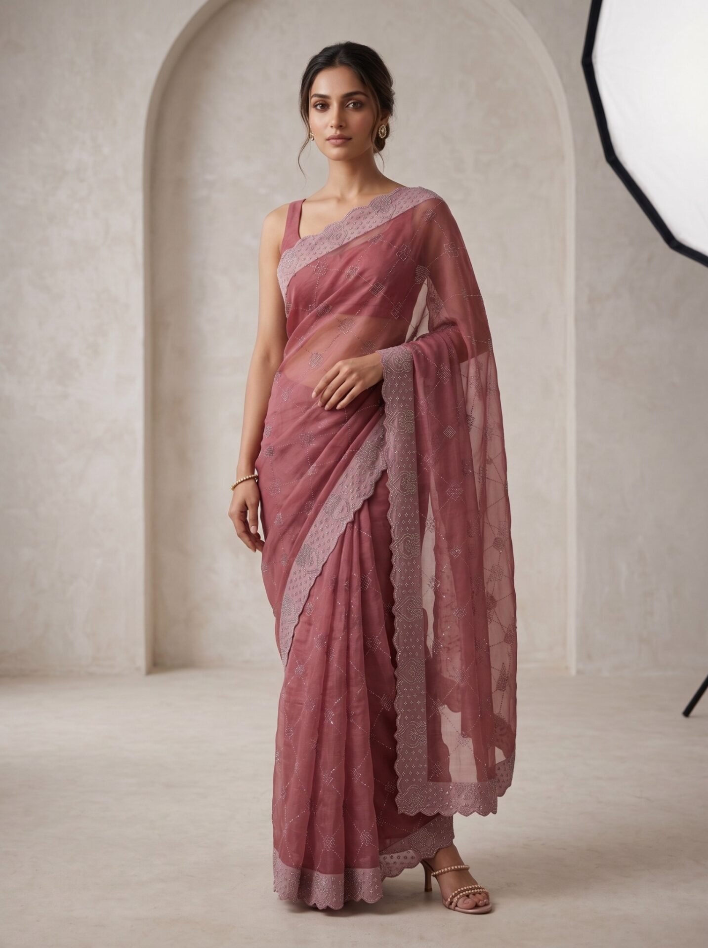 Dusty Rose Diamond Grid Embellished Saree