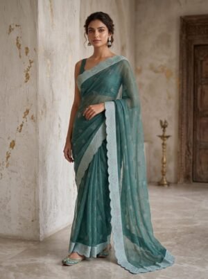 Emerald Teal Diamond Grid Embellished Saree