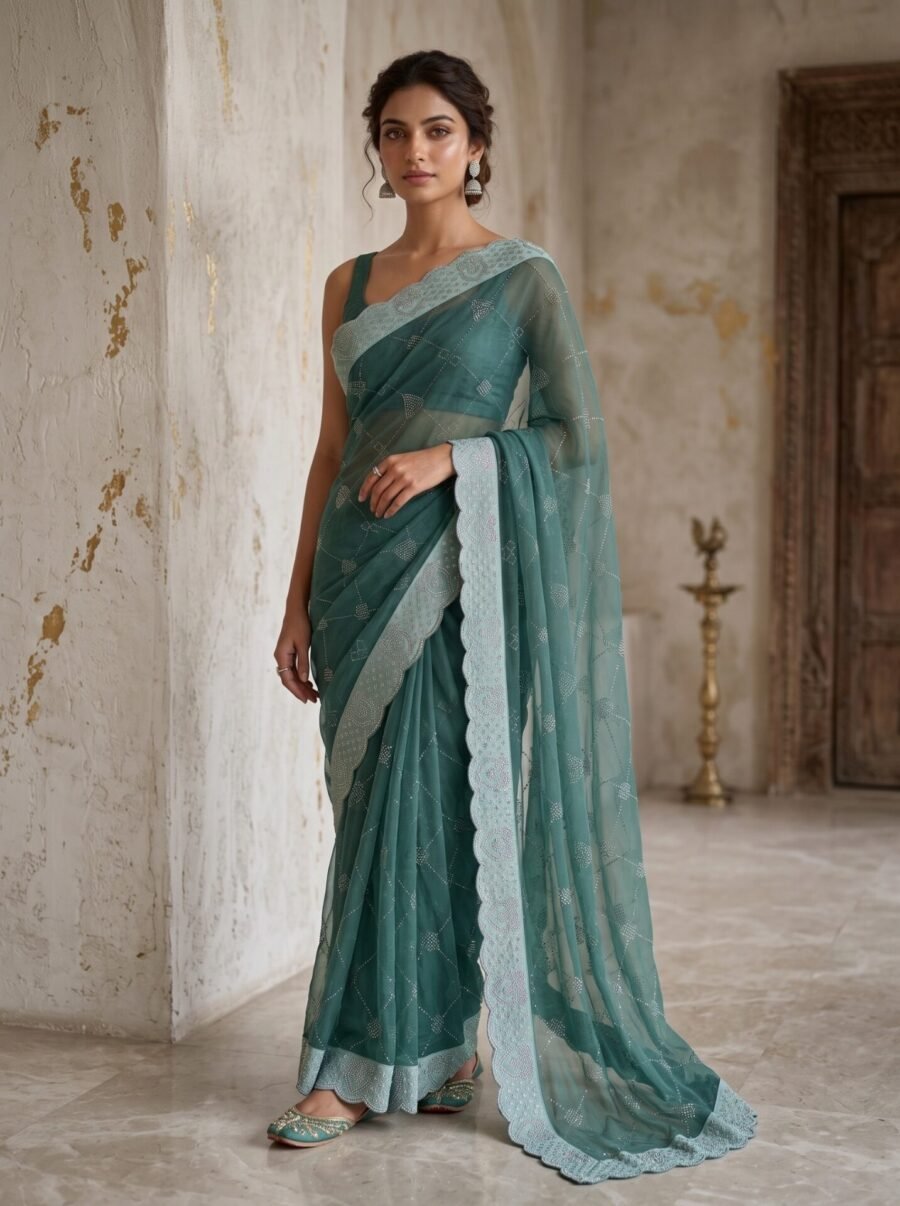 Emerald Teal Diamond Grid Embellished Saree