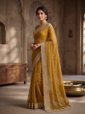 Mustard Gold Diamond Grid Embellished Saree