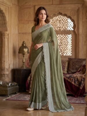 Olive Green Diamond Grid Embellished Saree