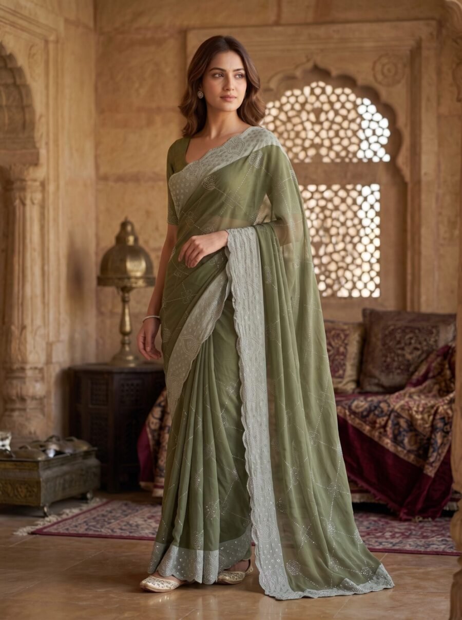 Olive Green Diamond Grid Embellished Saree