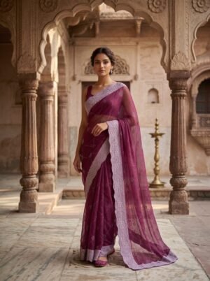 Royal Wine Diamond Grid Embellished Saree