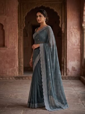 Slate Grey Diamond Grid Embellished Saree