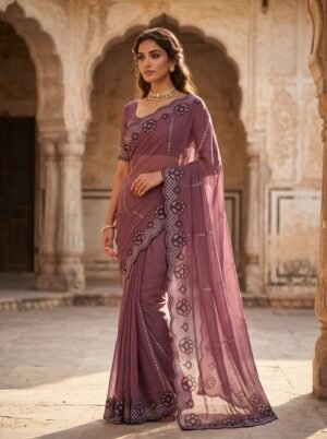 Dusky Amethyst Floral Scallop Saree