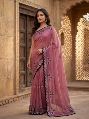 Dusty Mauve Contrast Floral Crystal Saree