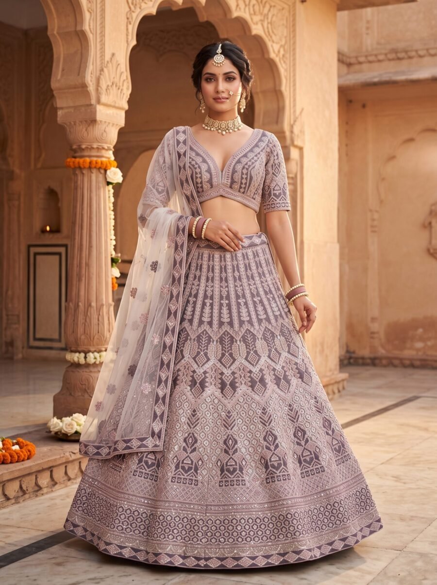 Dusty Mauve Geometric Chevron Embroidered Designer Lehenga Choli