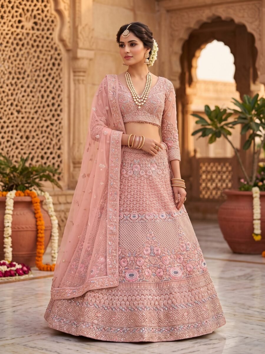 Dusty Nude Beige Floral Medallion Embroidered Designer Lehenga Choli