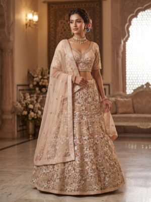 Dusty Peach and Rose Pink Floral Embroidered Designer Lehenga Choli