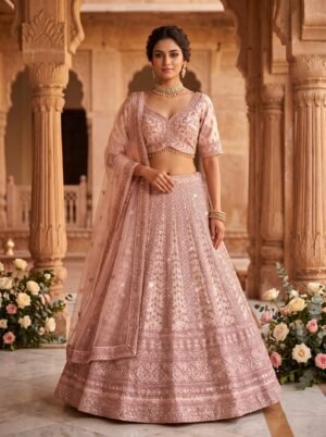 Dusty Rose Pink Diamond Lattice Sequin Lehenga with Pearl-Hem Choli