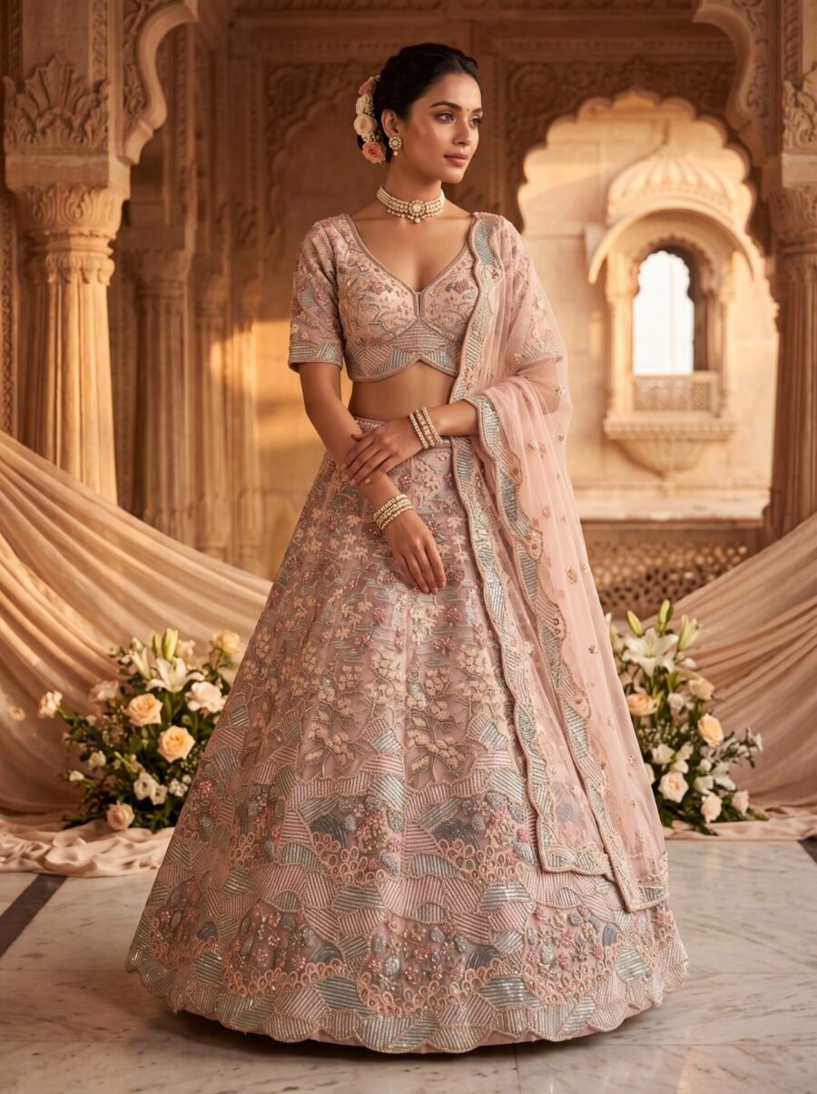 Dusty Rose Pink Scalloped Wave Floral Embroidered Lehenga Choli