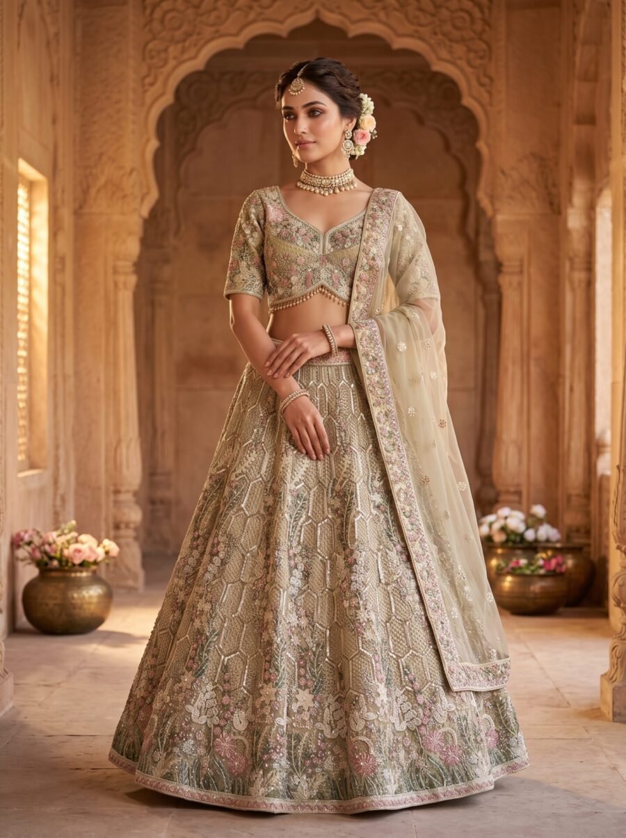 Dusty Sage Olive Honeycomb Floral Embroidered Designer Lehenga Choli