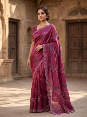 Berry Pink Embroidered Floral Border Saree