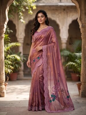 Mauve Pink Embroidered Floral Border Saree