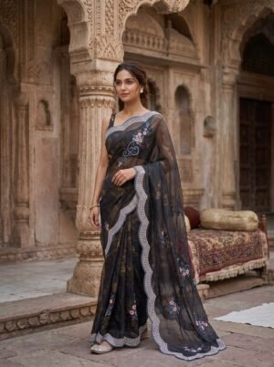 Midnight Black Embroidered Floral Border Saree