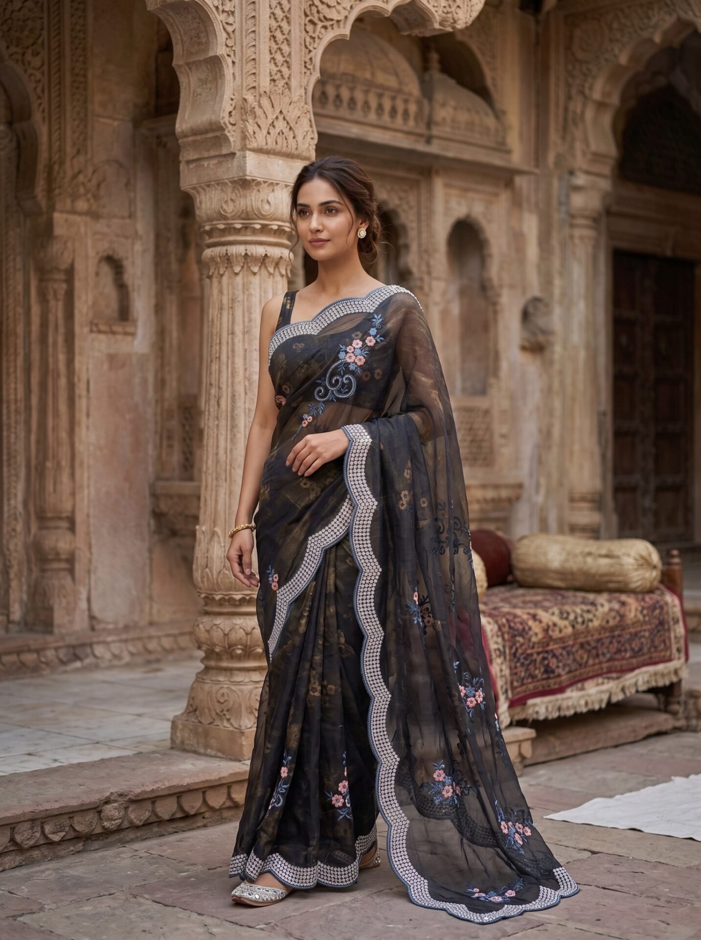 Midnight Black Embroidered Floral Border Saree