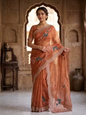 Peach Orange Embroidered Floral Border Saree