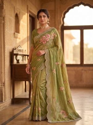 Pista Green Embroidered Floral Border Saree