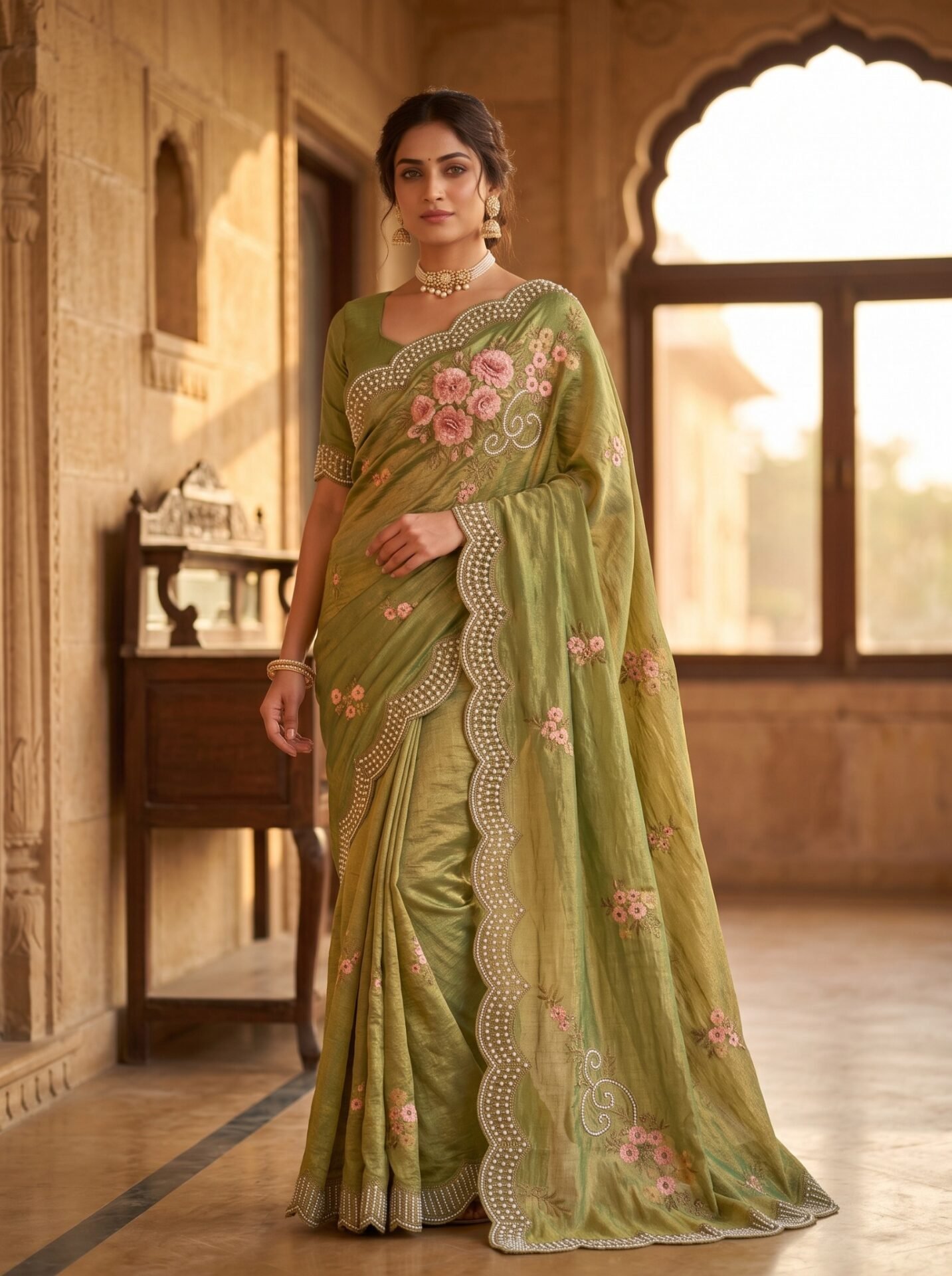 Pista Green Embroidered Floral Border Saree