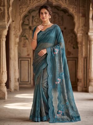 Teal Blue Embroidered Floral Border Saree