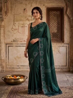 Emerald Elegance Pearl & Crystal Embellished Satin Saree