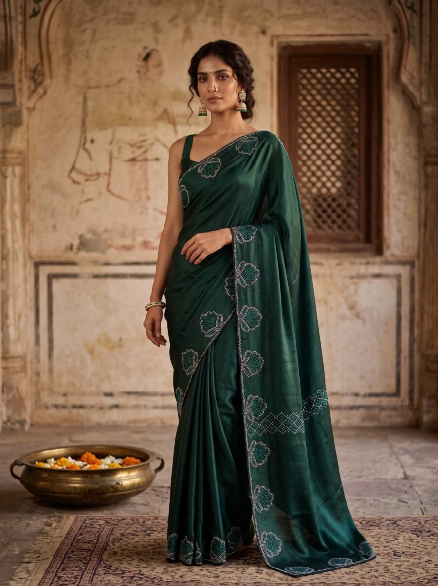 Emerald Elegance Pearl & Crystal Embellished Satin Saree