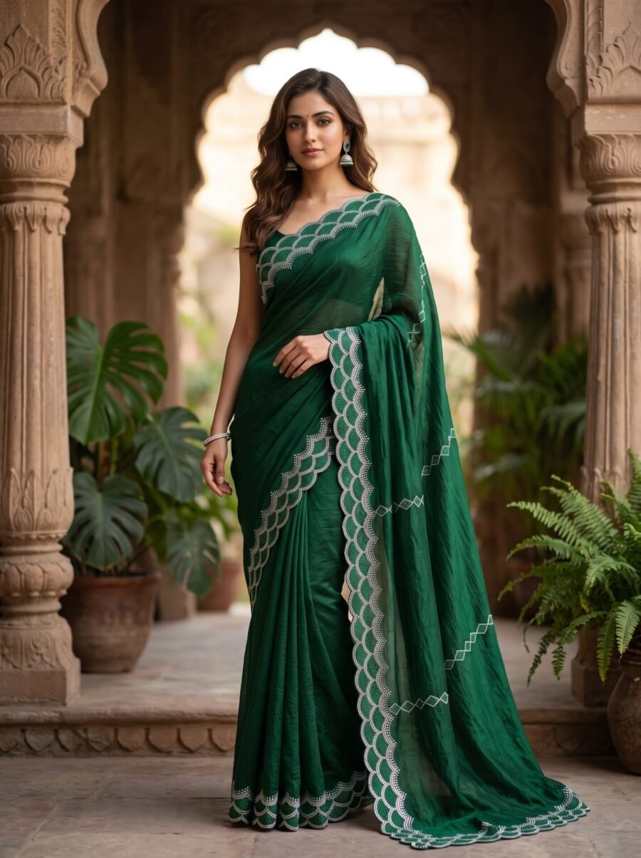 Emerald Mist Green Scallop Border Saree
