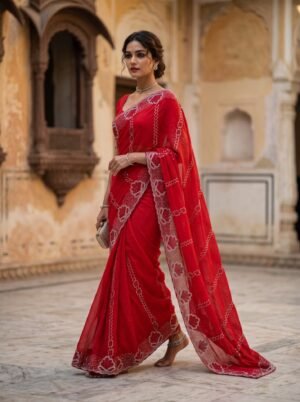 Bright Red Floral Border Embellished Saree