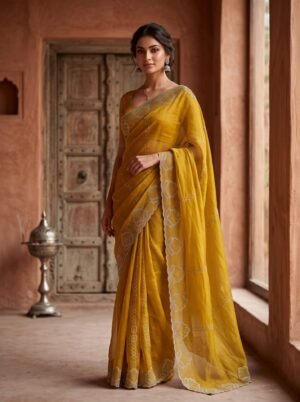 Mustard Yellow Floral Border Embellished Saree