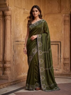 Olive Green Floral Border Embellished Saree